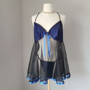 🦋 Rare Delicate Fairy Blue & Black Lace Babydoll Set 🦋